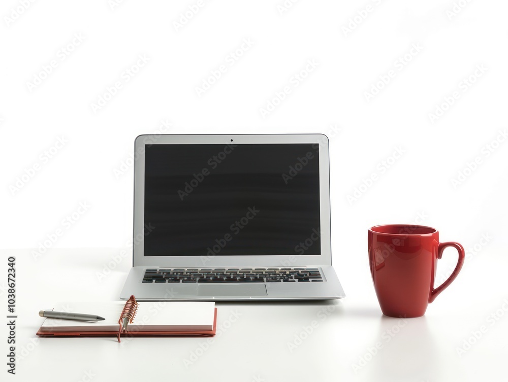 A minimalist work desk setup with a laptop, a notepad, and a coffee mug isolated on a white background A minimalist work desk setup with a laptop, a notepad, and a coffee mug isolated on a white background
