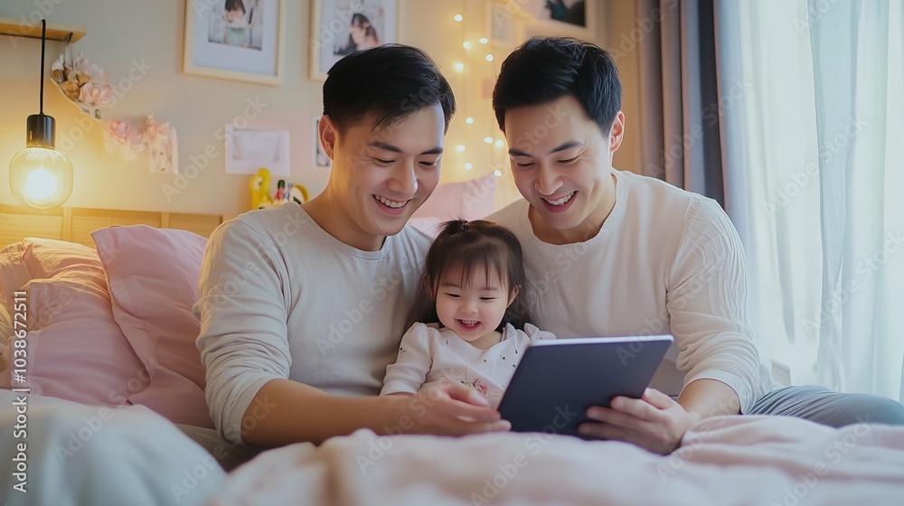 An Asian couple and their daughter share a tablet in a cozy, joyful bedroom filled with love. An Asian couple and their daughter share a tablet in a cozy, joyful bedroom filled with love.