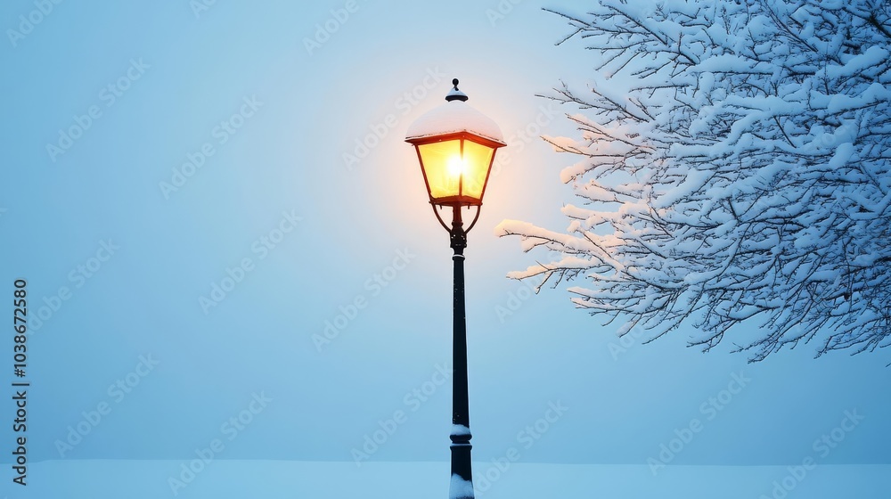 Snow-covered streetlamp glowing softly, peaceful winter wonderland Snow-covered streetlamp glowing softly, peaceful winter wonderland