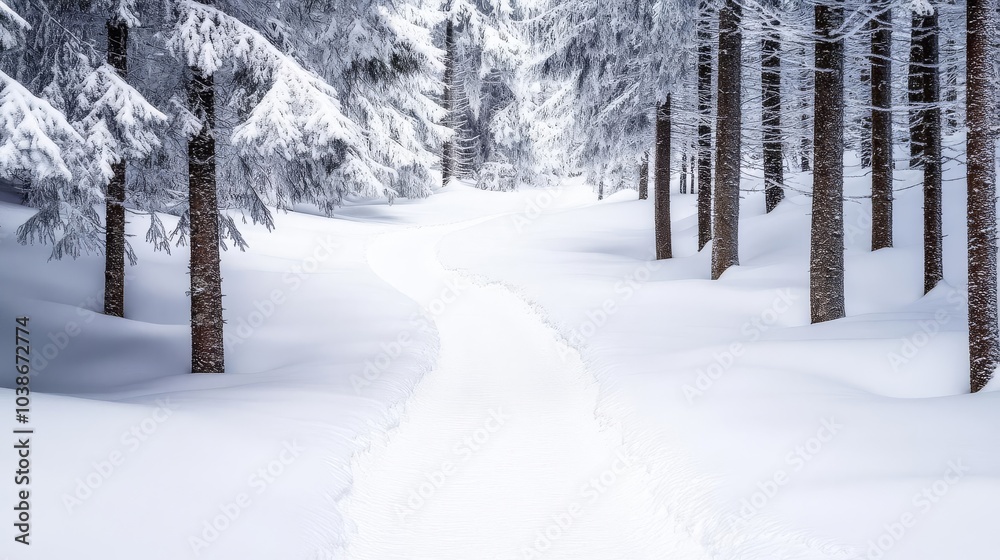 Snow-covered trail leading through a forest, quiet winter escape Snow-covered trail leading through a forest, quiet winter escape