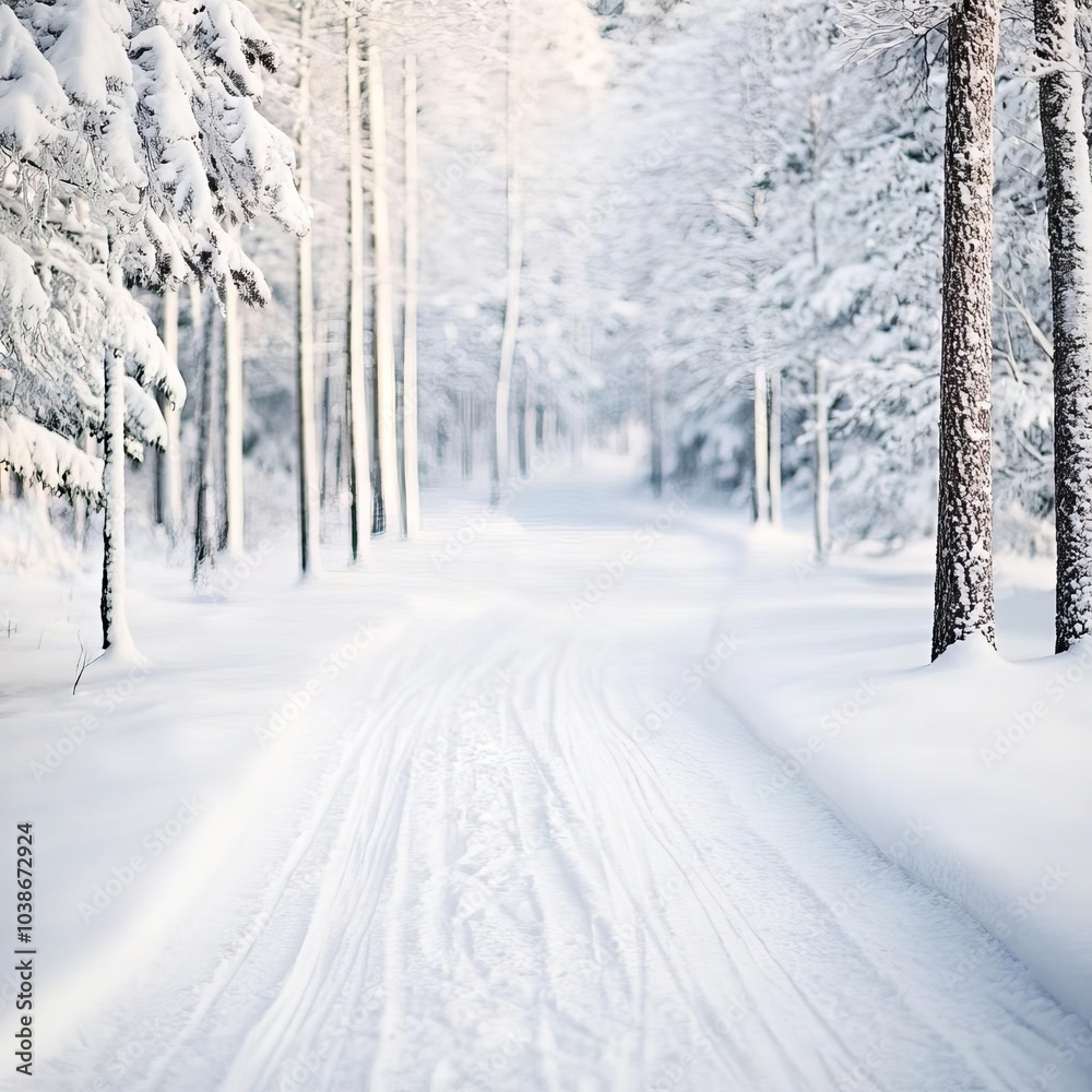 Naklejka premium Snow-covered trail through a snowy forest, peaceful winter serenity