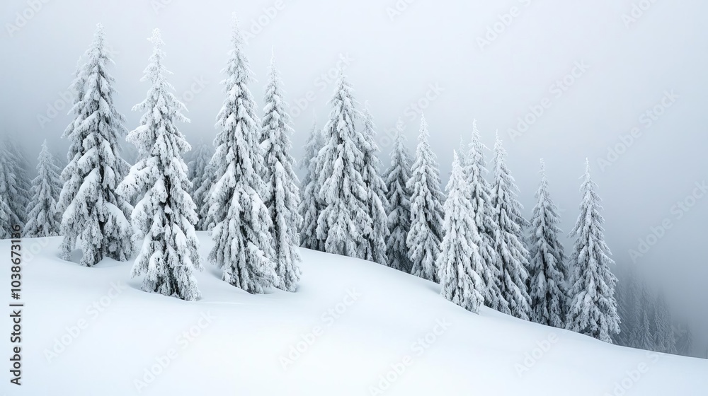 Fototapeta premium Snow-covered trees with fog rolling in, eerie winter chill