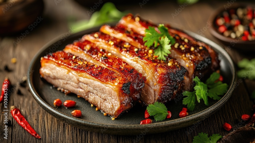 Delicious Grilled Pork Belly with Spices and Garnish Delicious Grilled Pork Belly with Spices and Garnish