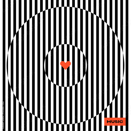 Musical poster. Vinyl record. A Heart symbol. Halftone lines effect. Hologram effect. Vector Heart sign. Love symbol. Illusion. Op Art.