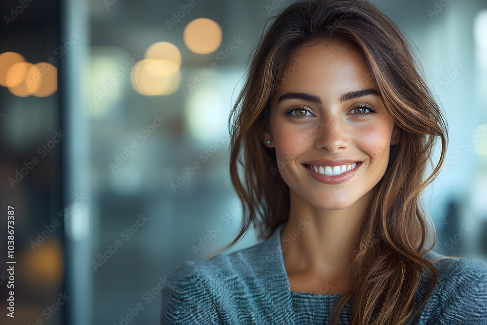 A confident professional woman smiling warmly in a modern office setting, exuding a positive and approachable demeanor, perfect for business or corporate themes.
A confident professional woman smiling warmly in a modern office setting, exuding a positive and approachable demeanor, perfect for business or corporate themes.