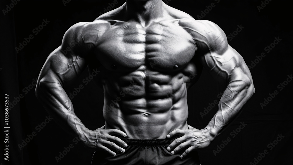 Strength in Shadows A Black and White Portrait of a Muscular Male Upper Body, Highlighting Definition and Confidence Against a Deep Black Background Strength in Shadows A Black and White Portrait of a Muscular Male Upper Body, Highlighting Definition and Confidence Against a Deep Black Background