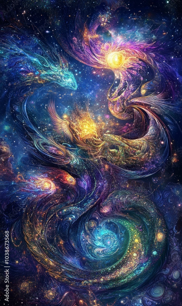 Cosmic swirls and celestial bodies in vibrant colors. Cosmic swirls and celestial bodies in vibrant colors.