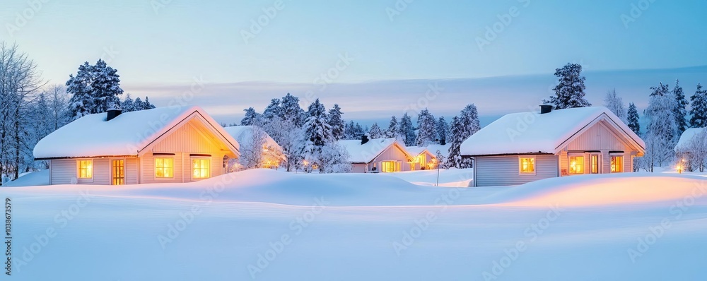 Snow-covered village with lights glowing at dusk, peaceful winter evening Snow-covered village with lights glowing at dusk, peaceful winter evening