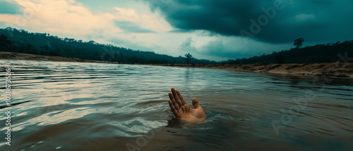 AI generator image of place in countryside largely destroyed by flood and landslides and sky with dark clouds with a hand coming out asking for help in the flowing water photo