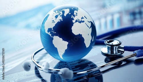 The image shows a blue globe symbolizing global healthcare, with a stethoscope, reflecting international medical theme. photo