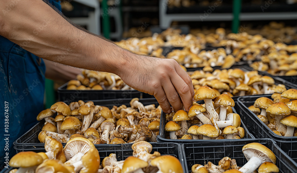 AI generator image of Farmer's mushroom farm, lots of mushrooms growing on the farm. vegetable nursery AI generator image of Farmer's mushroom farm, lots of mushrooms growing on the farm. vegetable nursery