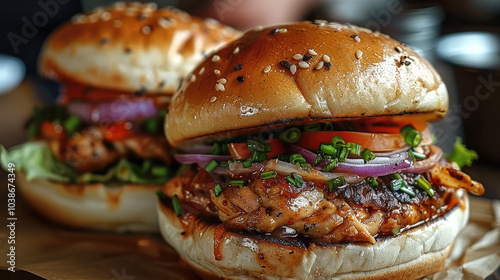 Two chicken burgers on a cutting board.