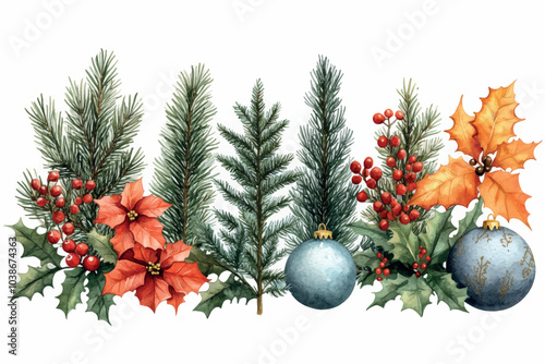 Watercolor set with Christmas tree and other decoration