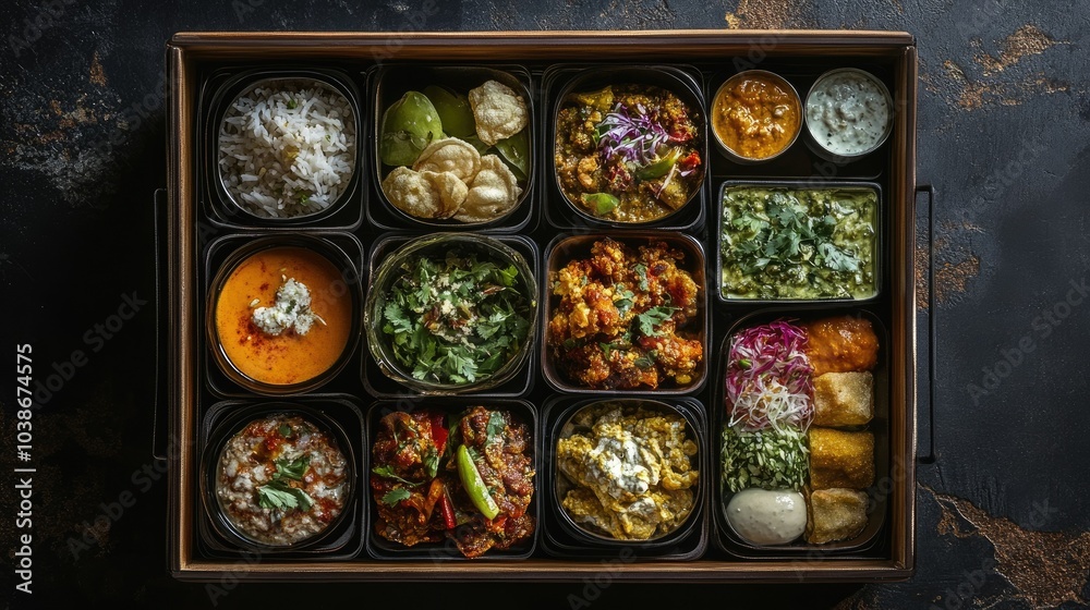 An overhead view of a traditional Indian lunchbox packed with an array of colorful, aromatic dishes that represent the richness of Indian cuisine. An overhead view of a traditional Indian lunchbox packed with an array of colorful, aromatic dishes that represent the richness of Indian cuisine.