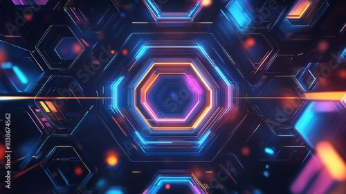 Geometric hexagon tech design with vibrant, connected shapes and futuristic patterns.