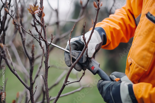 AI generator image of professional arborist at work, carefully pruning and trimming trees with precision and expertise. The image showcases a variety of tools and techniques used to maintain the healt