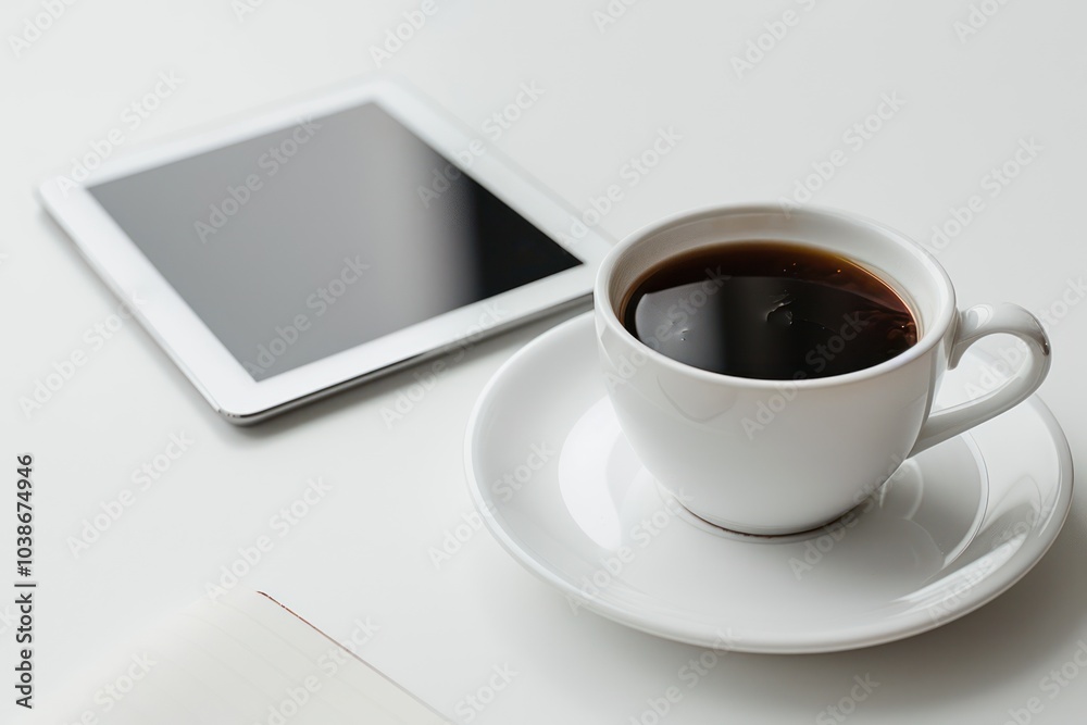 A minimalist work desk setup with a tablet, notepad, and coffee cup isolated on white A minimalist work desk setup with a tablet, notepad, and coffee cup isolated on white