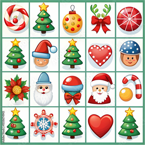 A colorful set of Christmas-themed festive bingo cards featuring holiday icon