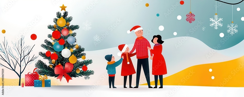 Naklejka premium Winter holidays with family reuniting around a decorated Christmas tree, happy moments and laughter, flat design illustration