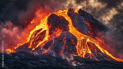 A stunning volcanic eruption showcasing flowing lava and billowing smoke against a dramatic sky.