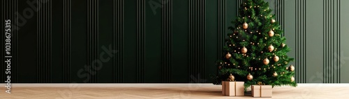 Tall evergreen Christmas tree in a grand living room, adorned with classic decorations, warm holiday glow, flat design illustration