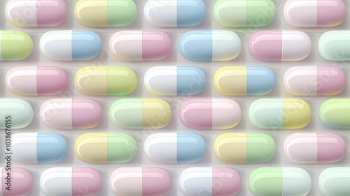 A colorful arrangement of various capsules, showcasing a vibrant mix of pastel colors and shapes, ideal for health and wellness themes.