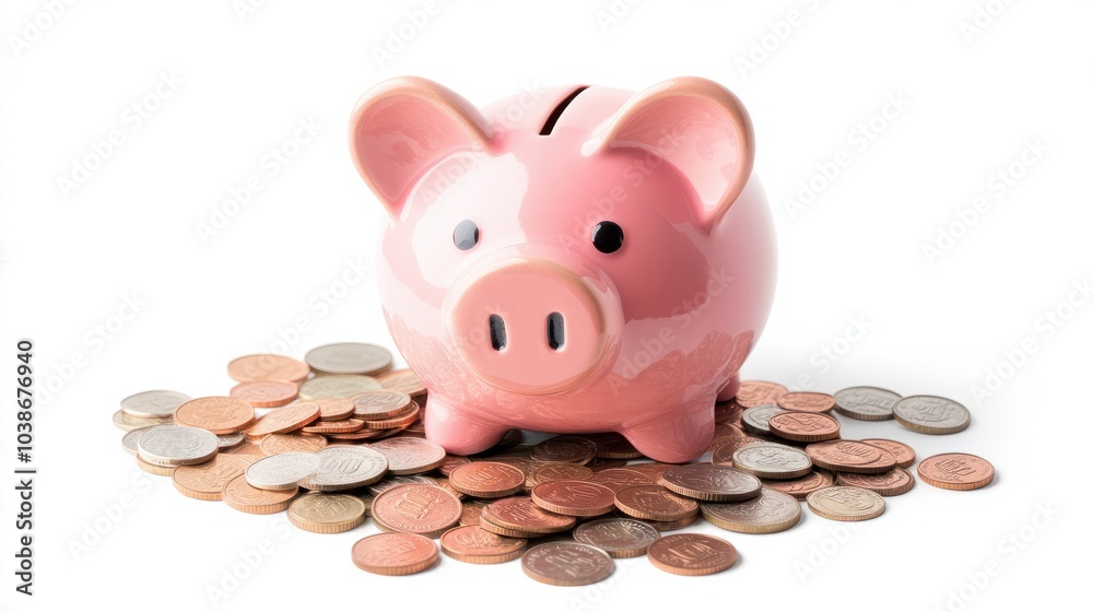Pink piggy bank surrounded by scattered coins, isolated on a white ...