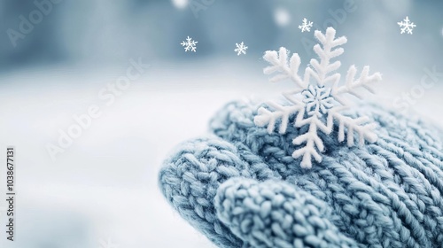 Snowflakes softly landing on a woolen glove, cozy winter chill photo