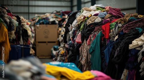 A large collection of used garments and textiles in a recycling center, illustrating the need for sustainable fashion and waste reduction