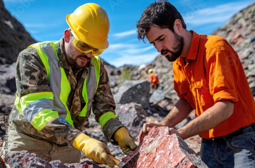 Two geologists working on rock samples in the field, one wearing a high-visibility jacket and hard hat with yellow safety glasses, is using a hammer to cut through some rocks photo