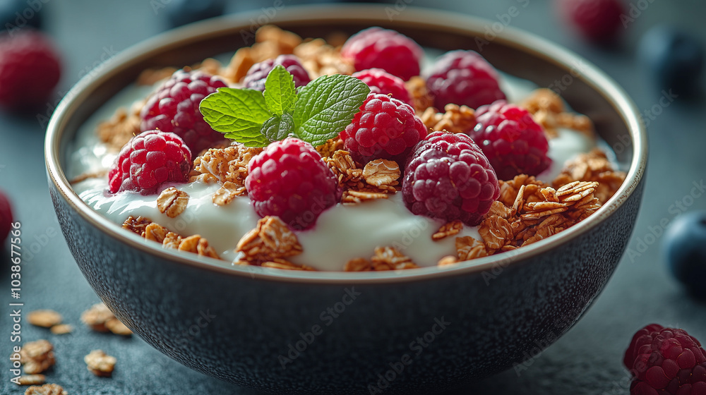 Bowl of granola with yogurt and fresh berries for a healthy breakfast Bowl of granola with yogurt and fresh berries for a healthy breakfast