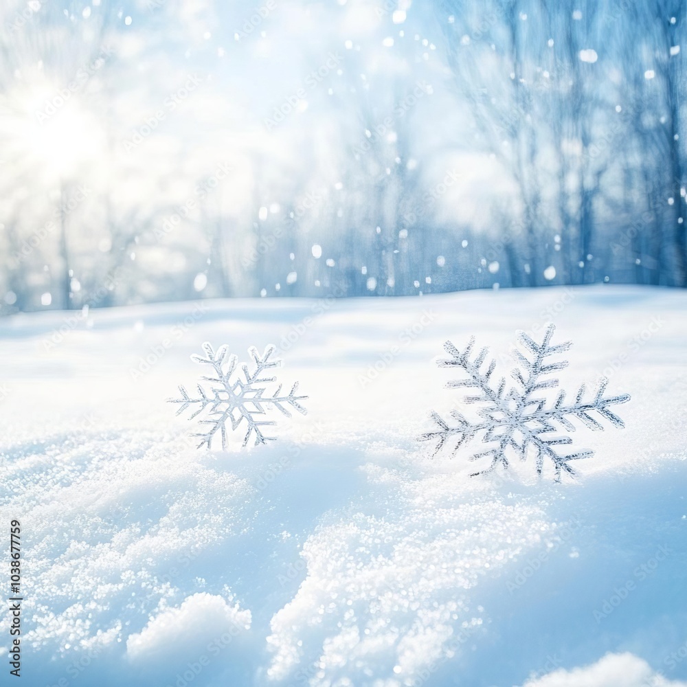 Snowflakes swirling over a snow-covered field, peaceful winter scene