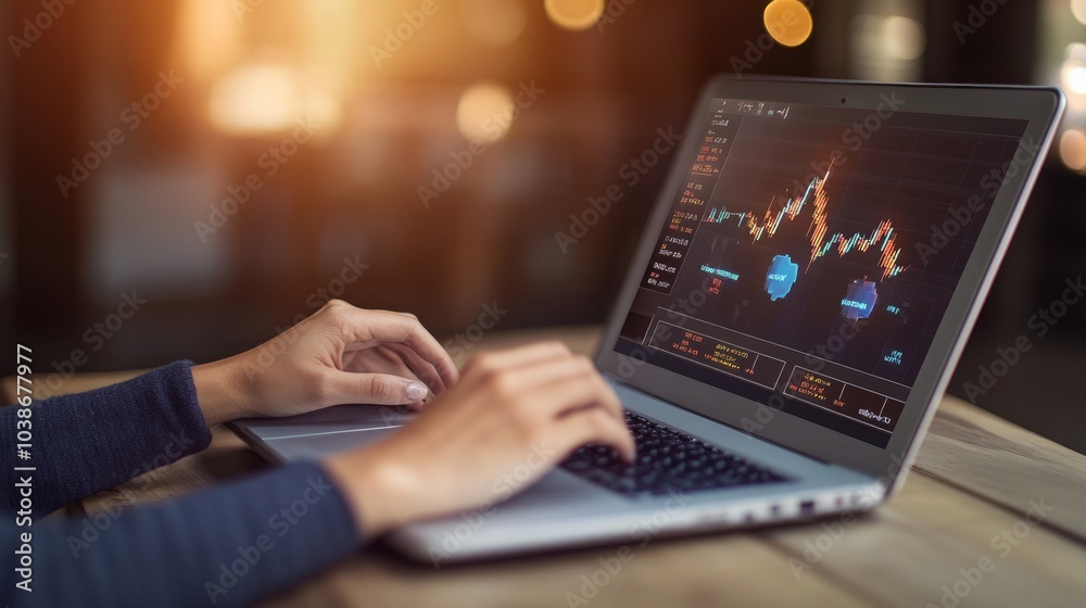 Close-up of a woman's hands typing on a laptop, analyzing stock market data. The screen displays a graph with fluctuating numbers, representing market trends. Close-up of a woman's hands typing on a laptop, analyzing stock market data. The screen displays a graph with fluctuating numbers, representing market trends.