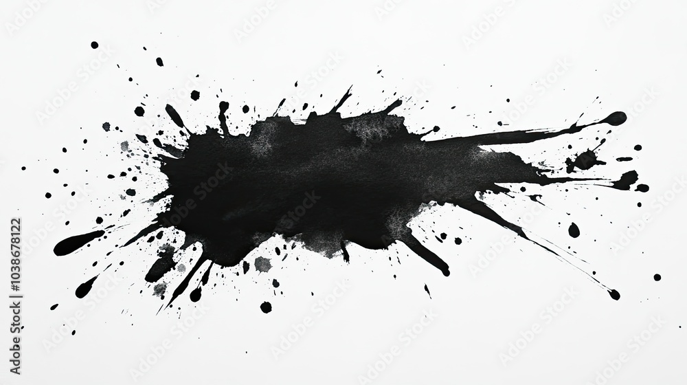 Artistic black watercolor blot with creative splashes and dynamic washes on textured paper. Artistic black watercolor blot with creative splashes and dynamic washes on textured paper.