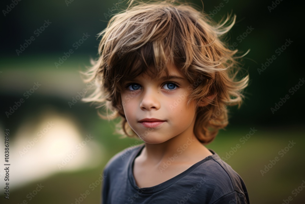 Portrait of a cute little boy with curly hair in the park Portrait of a cute little boy with curly hair in the park