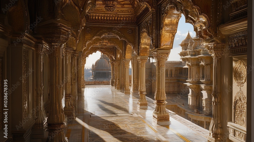 Obraz premium Breathtaking view of a grand, ancient Indian palace with intricate carvings and towering arches, with a romantic wind flowing through the hallways