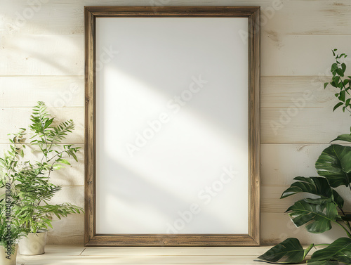 blank wooden frame stands against light wooden wall, surrounded by lush green plants, creating serene and inviting atmosphere perfect for displaying art or photographs