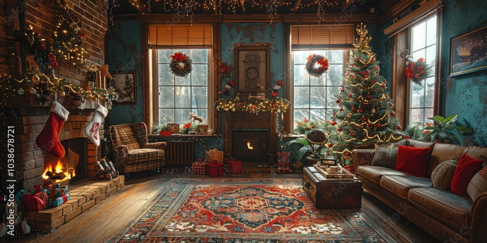 A warm and cozy living room decorated for the holidays with a Christmas tree and fireplace A warm and cozy living room decorated for the holidays with a Christmas tree and fireplace