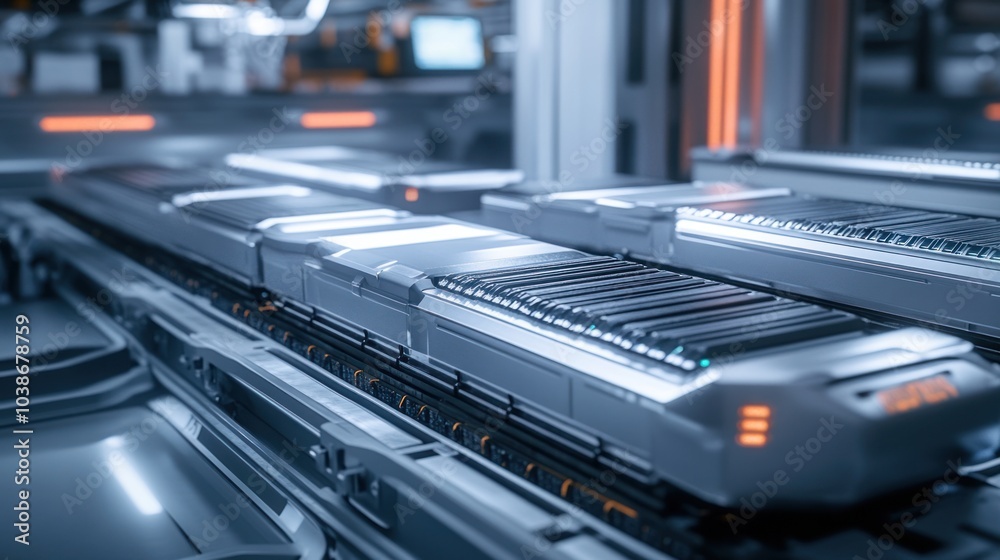 Industrial battery factory producing automotive-grade batteries for electric and hybrid vehicles. Industrial battery factory producing automotive-grade batteries for electric and hybrid vehicles.