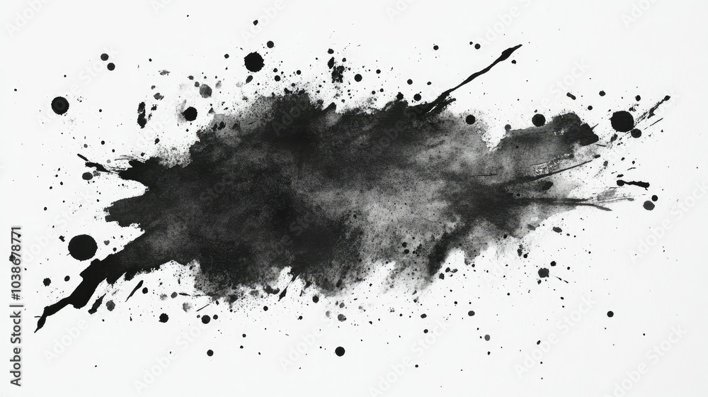 Fototapeta premium Artistic black watercolor stain with dynamic splashes and soft washes on textured paper.