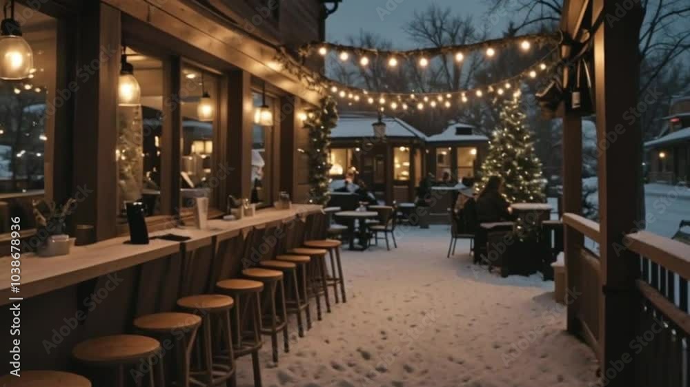 Cozy wooden bar in winter with snow outside, glowing lights, stools, windows, and people indoors with a view of a tree and building. Ideal for holidaythemed designs and video