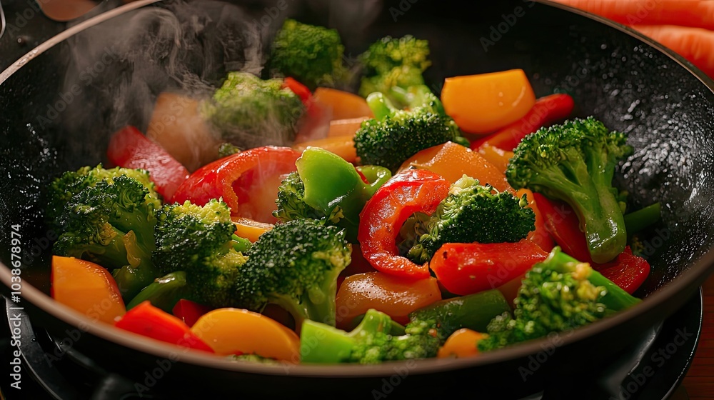 A colorful medley of broccoli, peppers, and carrots being sautéed in a hot pan, releasing steam and showcasing fresh vegetables. A colorful medley of broccoli, peppers, and carrots being sautéed in a hot pan, releasing steam and showcasing fresh vegetables.