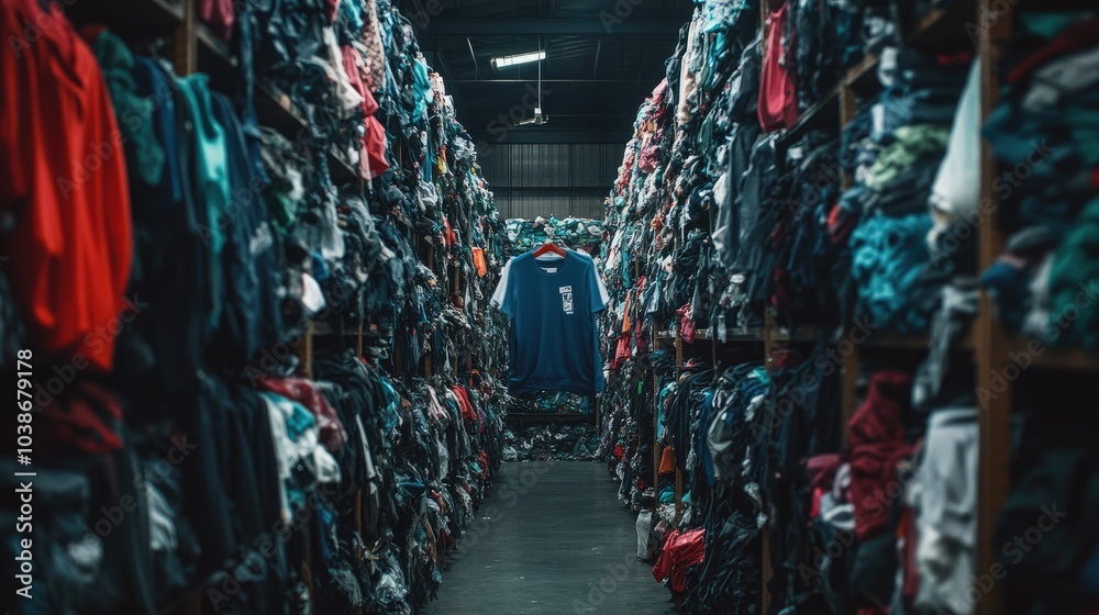 Obraz premium Discarded garments and textiles heaped in a recycling center, drawing attention to clothing waste and promoting sustainable fashion efforts
