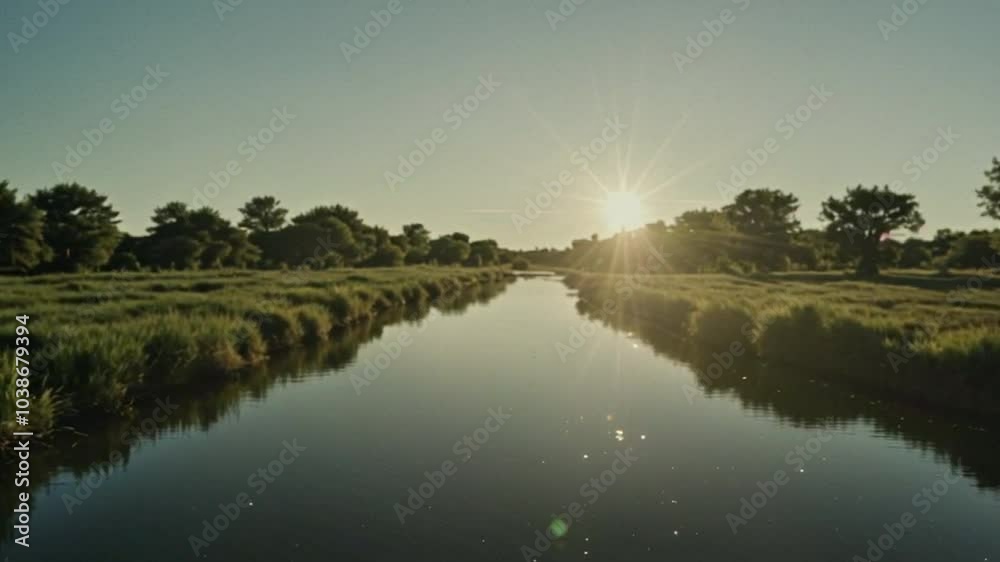 River flowing through grassy plains with sun shining. Suitable for nature, landscape, travel, and environmental concepts in design projects and video River flowing through grassy plains with sun shining. Suitable for nature, landscape, travel, and environmental concepts in design projects and video
