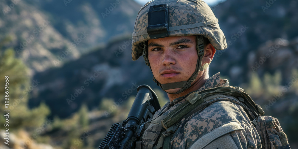 A male soldier in tactical gear holds a rifle in a rugged outdoor landscape, displaying focus and determination. A male soldier in tactical gear holds a rifle in a rugged outdoor landscape, displaying focus and determination.