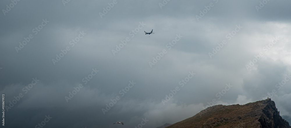 Bird and airplane above Ponta de Sao Lourenco in Madeira Bird and airplane above Ponta de Sao Lourenco in Madeira