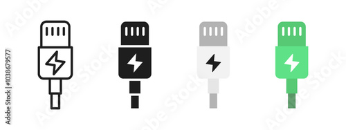 Lightning charging cable icon set. Phone charger plug symbol. USB charge adapter vector illustration. Lightning wire port sign. Mobile phone power cable pictogram. Green energy phone charging