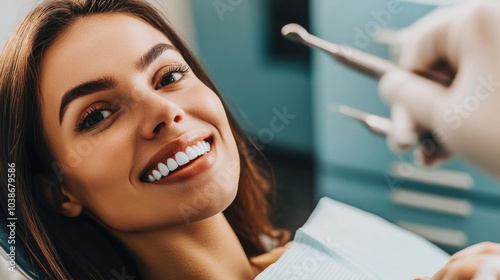 A woman with a bright smile sits in a dental chair after receiving treatment, highlighting the satisfaction and confidence gained from good dental care. photo