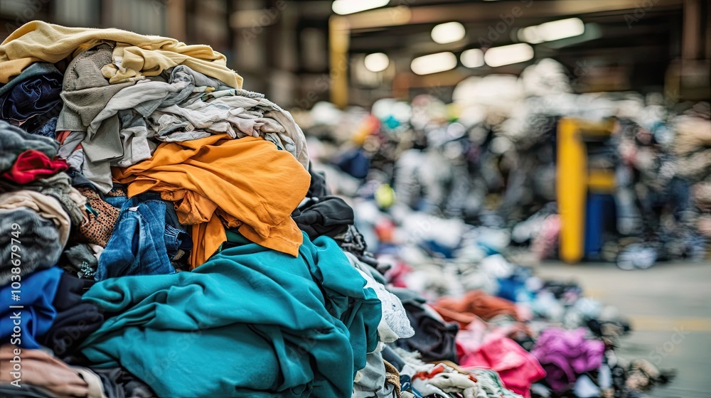 Heap of textiles and garments in a recycling facility, highlighting the problem of clothing waste and the positive impact of recycling Heap of textiles and garments in a recycling facility, highlighting the problem of clothing waste and the positive impact of recycling