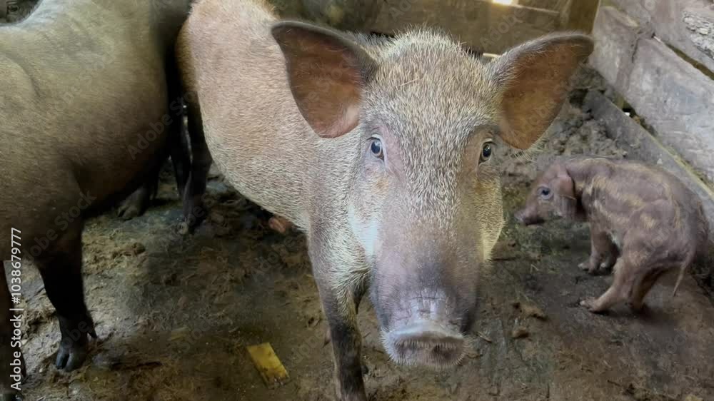 Rural pig and piglet, a group of pigs in a rustic farm, pigs of varying sizes and colors, are inside a wooden pen with a dirt floor, Livestock on the farm Rural pig and piglet, a group of pigs in a rustic farm, pigs of varying sizes and colors, are inside a wooden pen with a dirt floor, Livestock on the farm